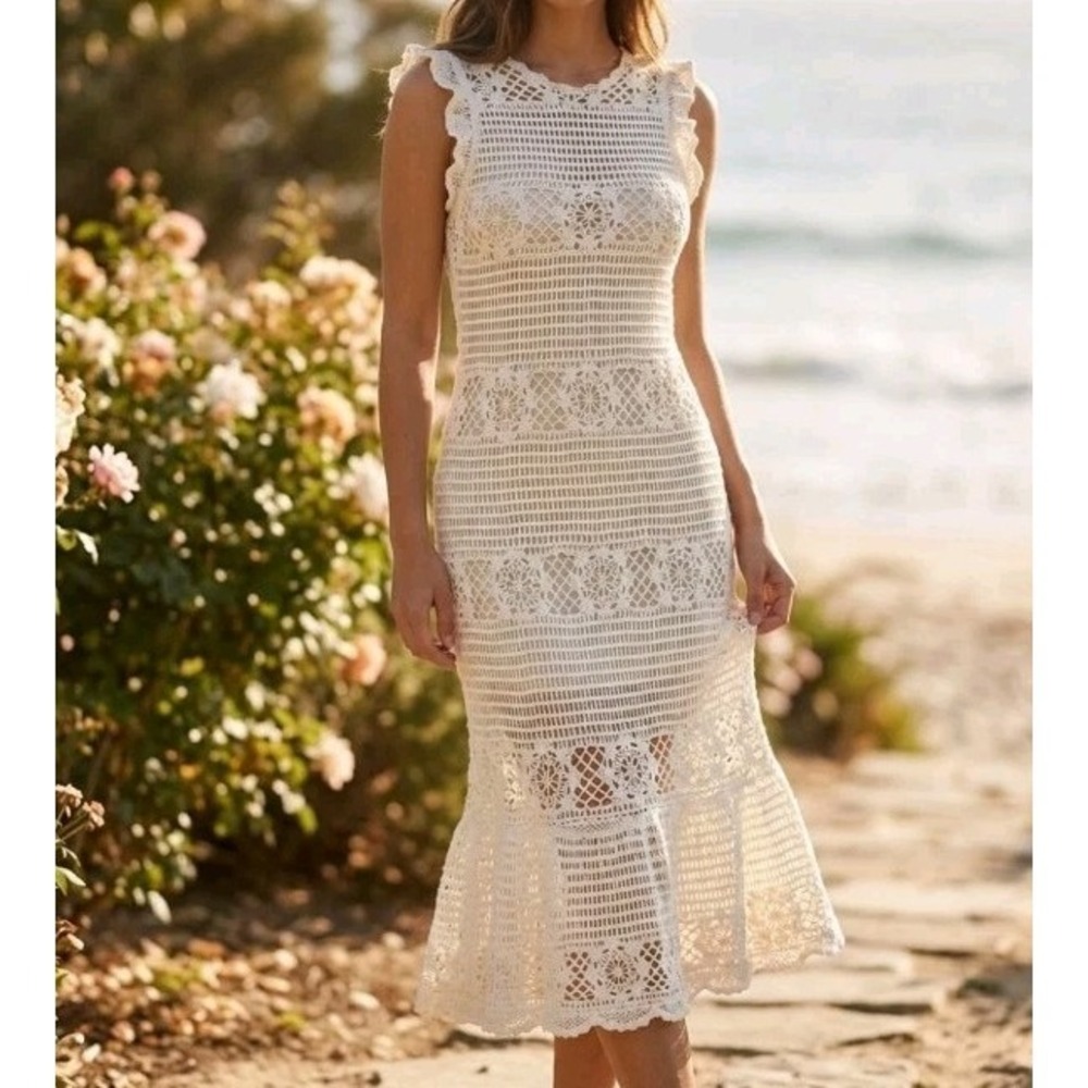 Lucy Paris Crochet Lace Maxi Dress Ivory Junior Size L Fits Women's Small Boho